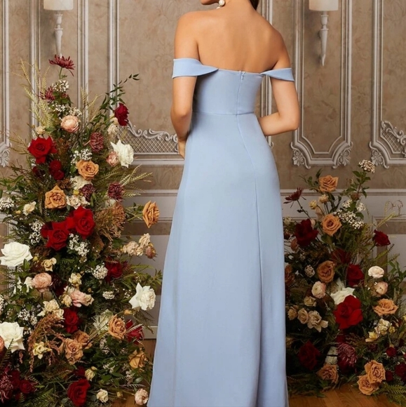 Baby blue Off Shoulder Split Thigh Bridesmaid Dress - Picture 3 of 6